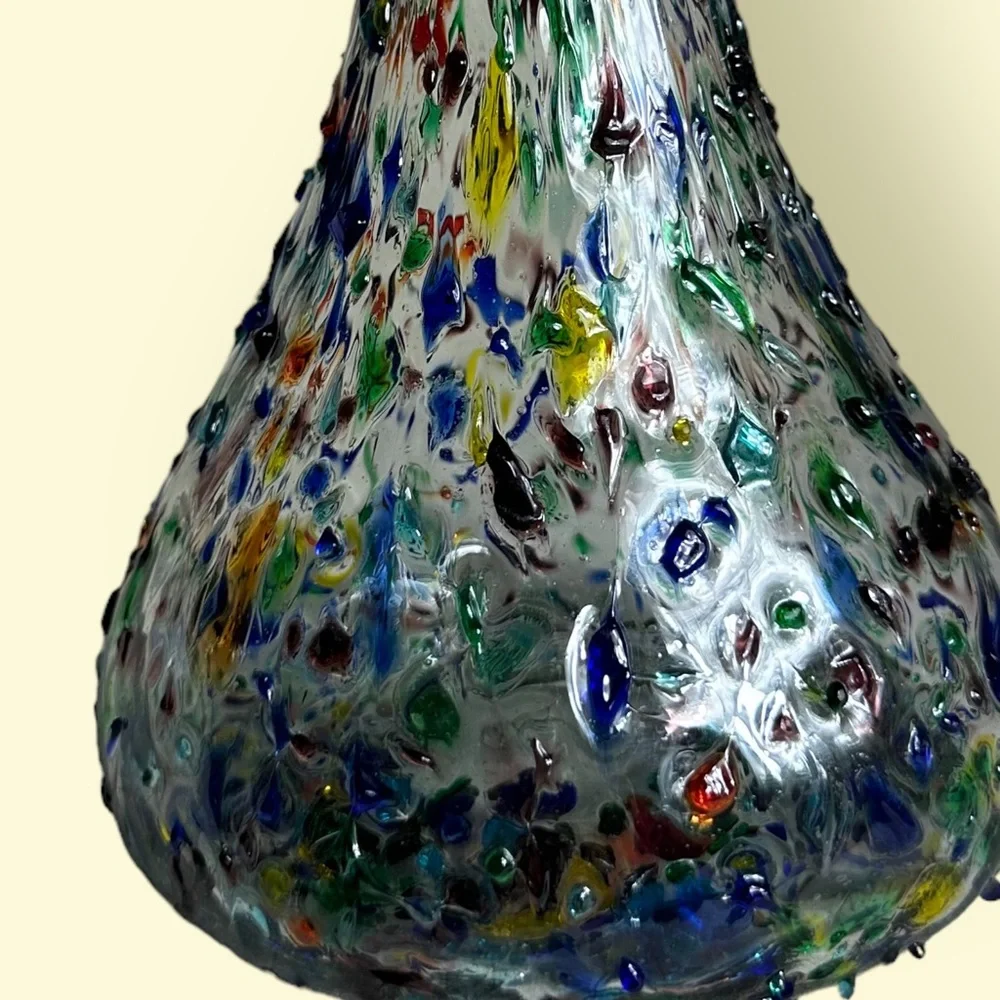 Clear And Colorful Hand Blown Slim Neck Confetti Glass Vase Home Decor 10” Tall